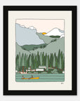 Serenity art print by Alimo in black frame, tranquil mountain illustration