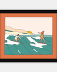 Sharing Is Caring art print by Alimo in black frame, tropical surf scene