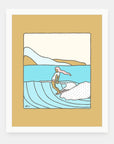 Slow is Fast art print by Alimo in white frame, relaxed surf illustration