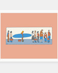 Social Distancing art print by Alimo in white frame, distanced surf illustration