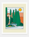 Suburb Life art print by Alimo in white frame, suburban life illustration