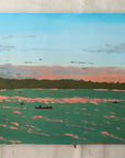Sunset Moods original painting by Alimo, small boats crossing calm water at sunset