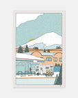 The Best Tsuukin Japan snowboard art print by Alimo, mountain commute scene