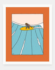 Top of the Line art print by Alimo in white frame, adventure surf illustration