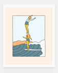 Totem Style art print by Alimo in white frame, graphic surf illustration
