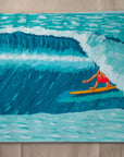 Tropic Shelter original painting by Alimo, surfer riding deep inside a barreling wave