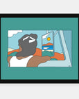 What A Session art print by Alimo in black frame, surfing celebration scene