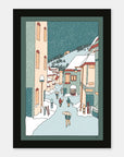 Yukimura Village art print by Alimo in black frame, snow village scene