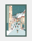 Yukimura Village Japan snowboard art print by Alimo, snowy village scene