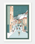 Yukimura Village art print by Alimo in white frame, Japanese mountain illustration