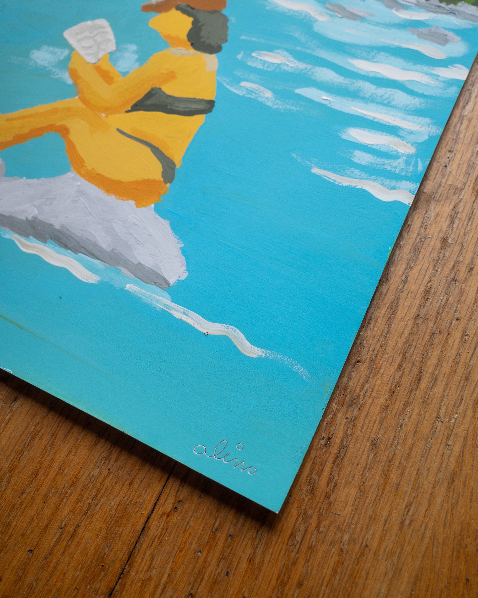 Reading on the rock | Original Upstate New York Painting by Alimo