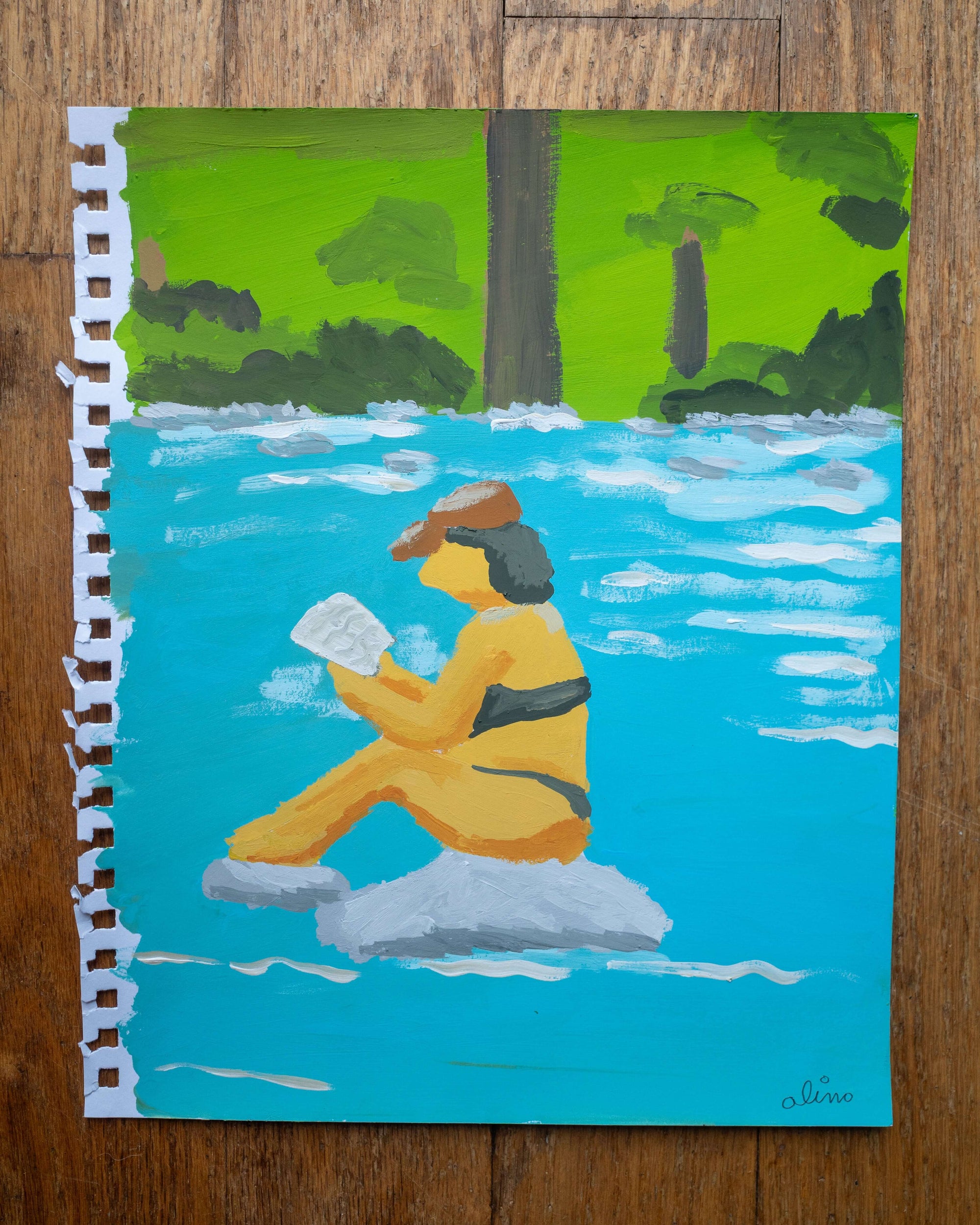 Reading on the rock | Original Upstate New York Painting by Alimo