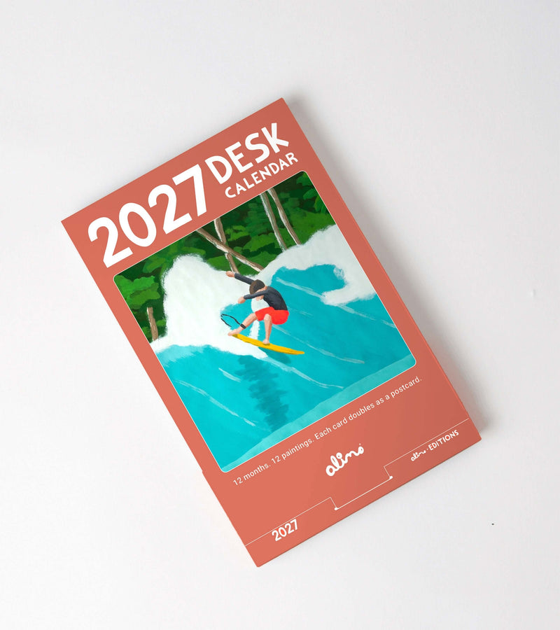 2027 desk calendar by Alimo, coral pack with an original surf painting on the cover