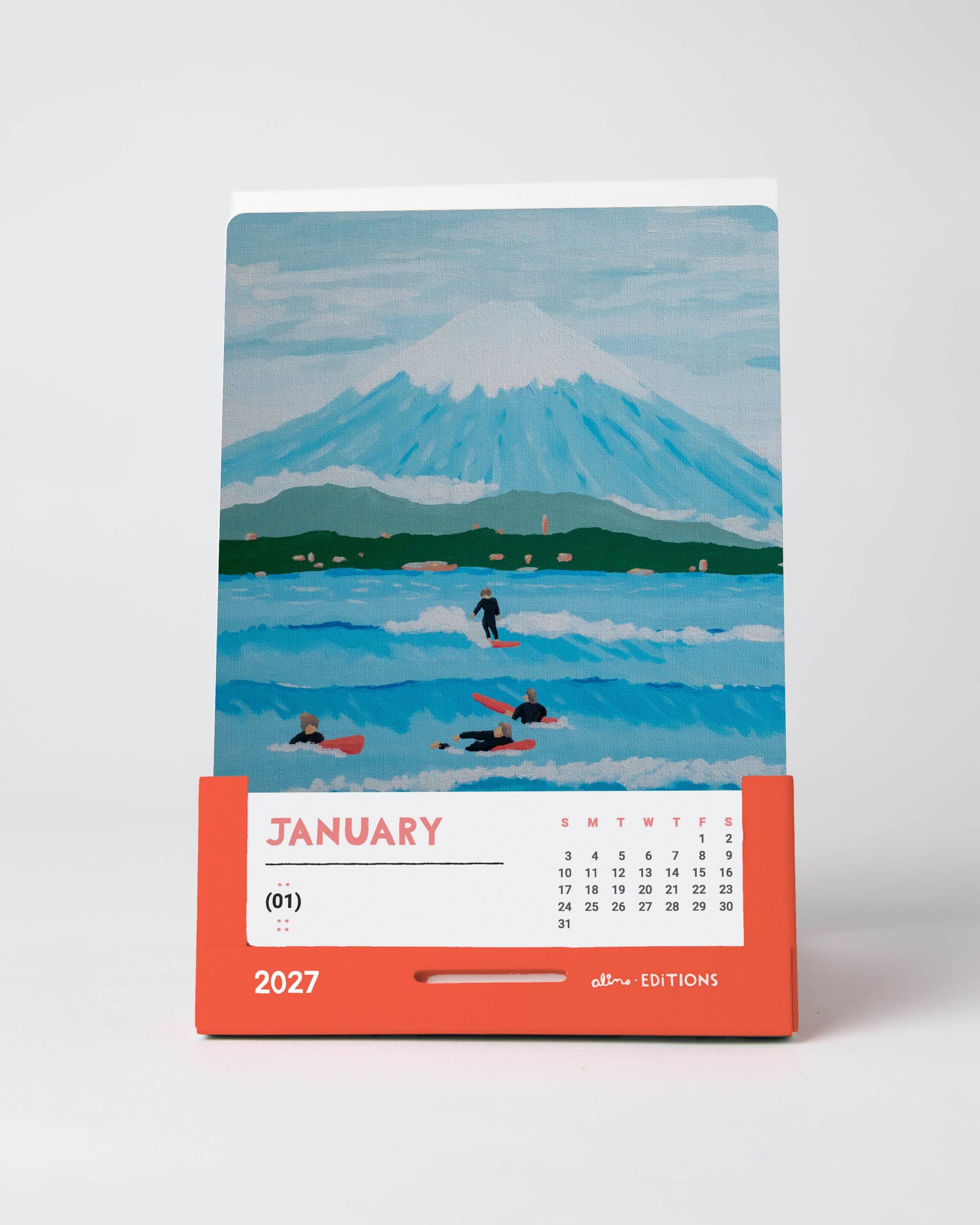 2027 art calendar featuring 12 colorful surf and ocean paintings by Alimo