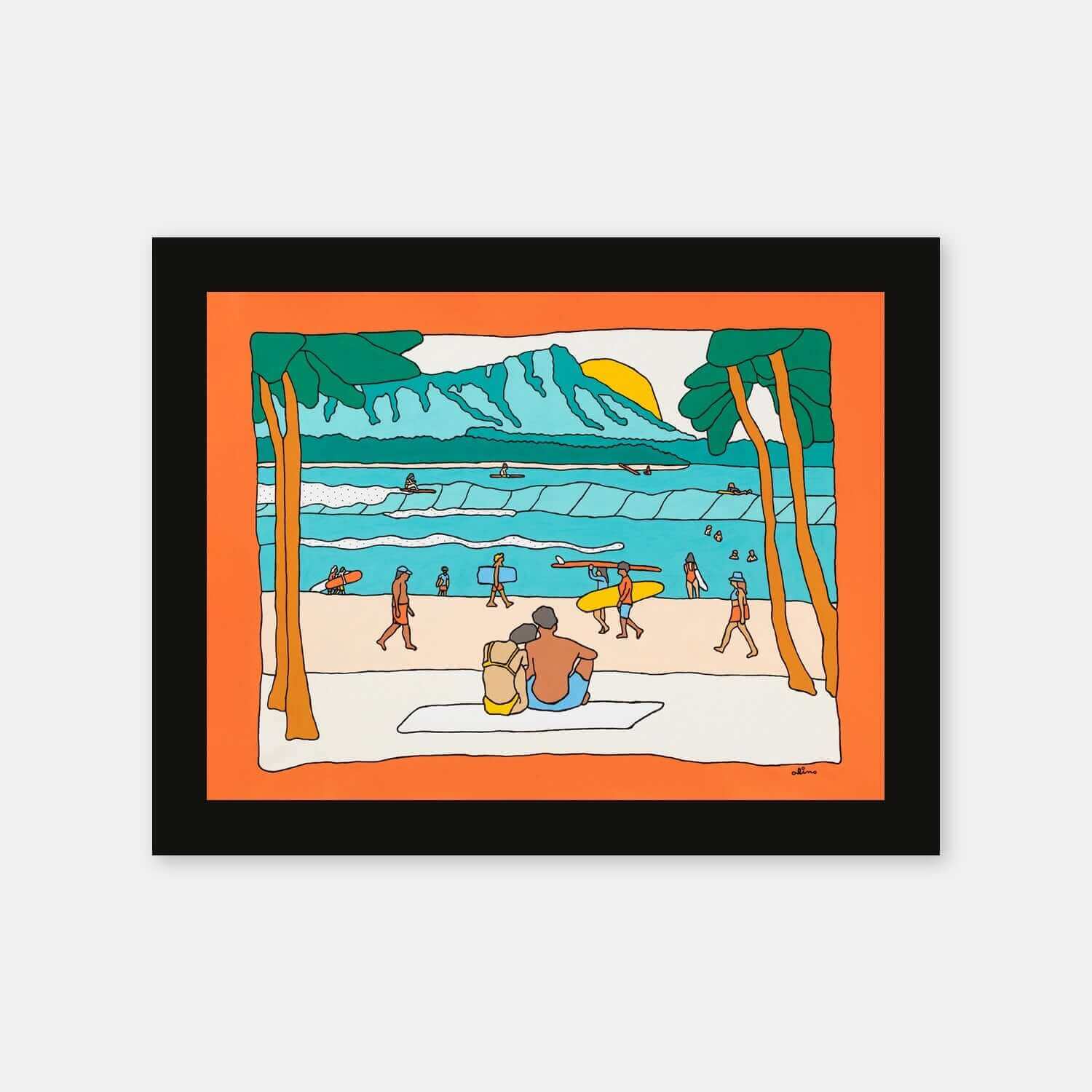 Offline Today surf art print hawaii by Alimo black frame