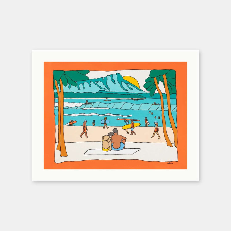 Offline Today art print by Alimo in white frame, Waikiki beach illustration