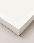 Alimo art print in a white wood frame, corner detail