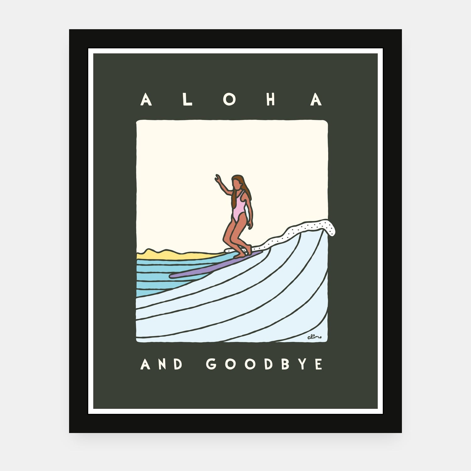 Aloha and Goodbye art print by Alimo in black frame, island farewell scene