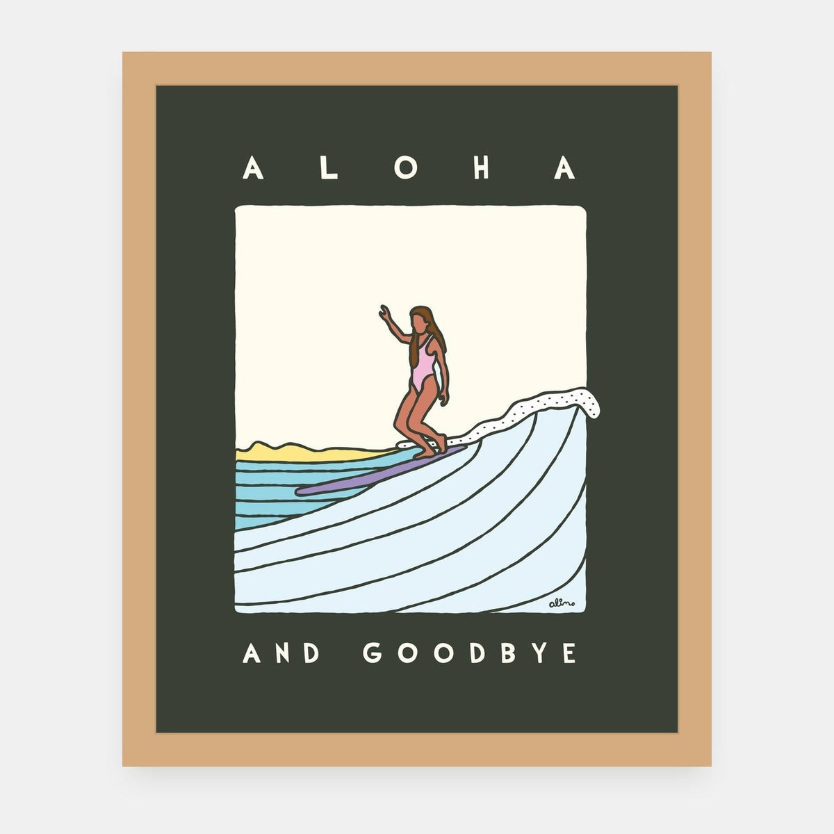 Aloha and Goodbye Alimo art print in a natural wood frame