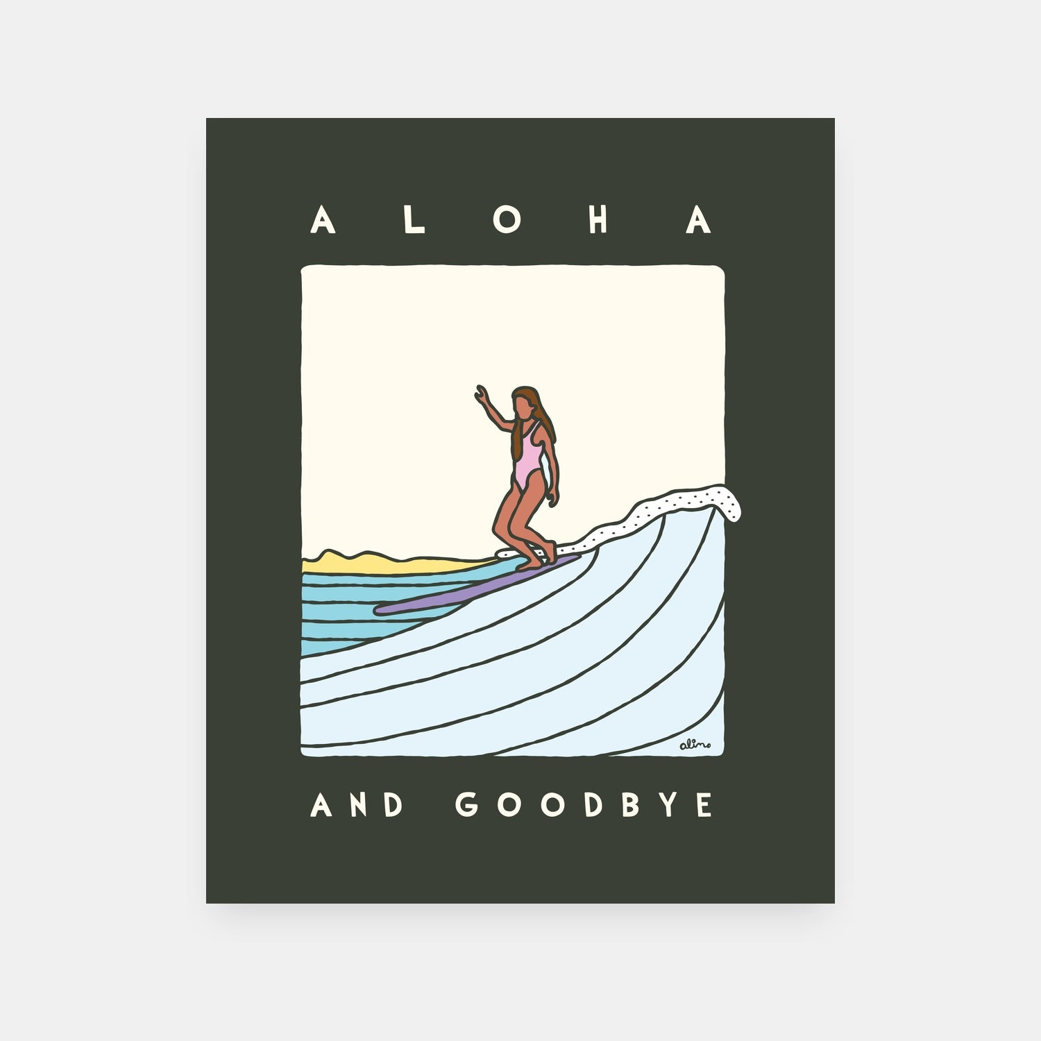 Aloha and Goodbye Hawaii art print by Alimo, tropical island farewell scene