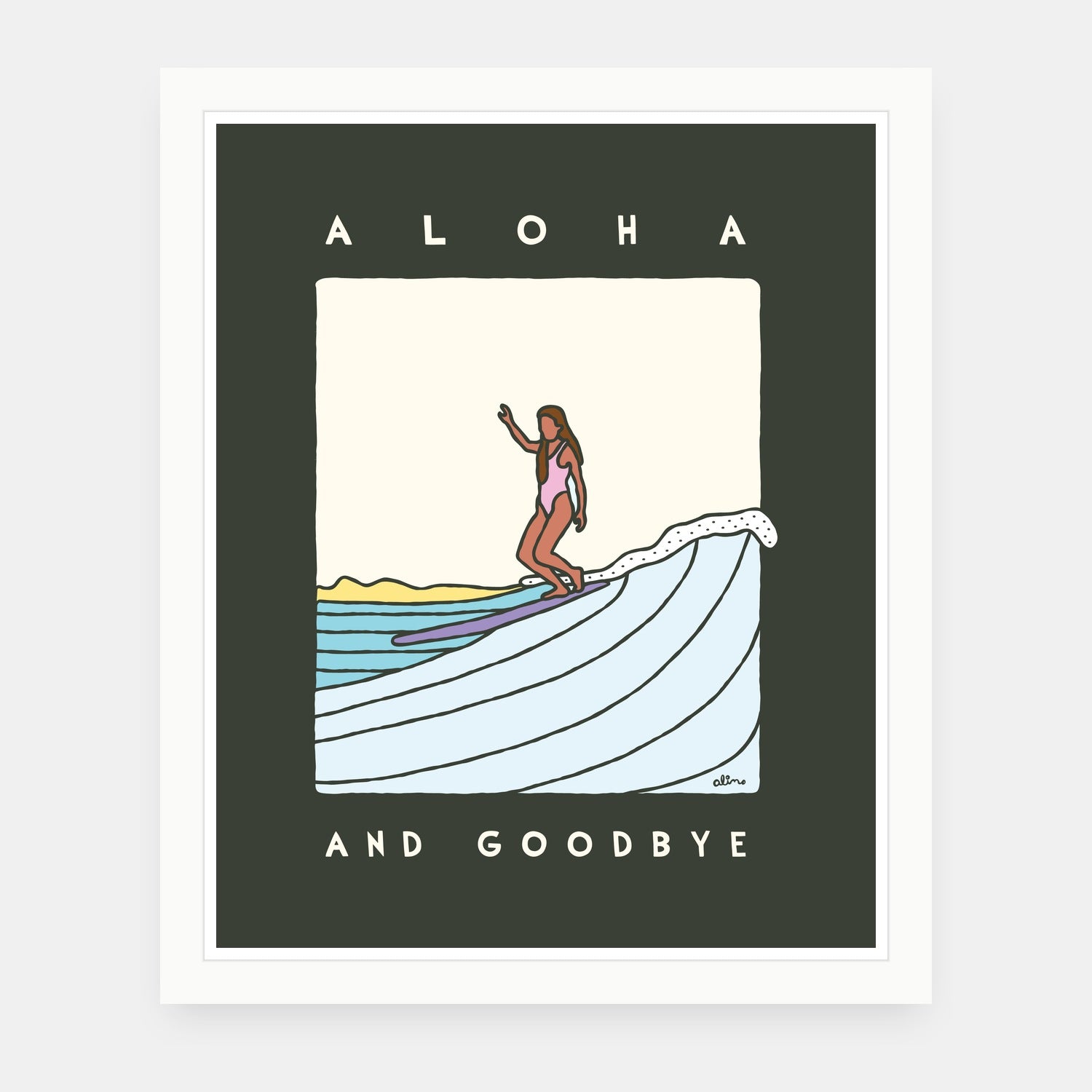 Aloha and Goodbye art print by Alimo in white frame, Hawaiian illustration