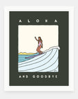 Aloha and Goodbye art print by Alimo in white frame, Hawaiian illustration