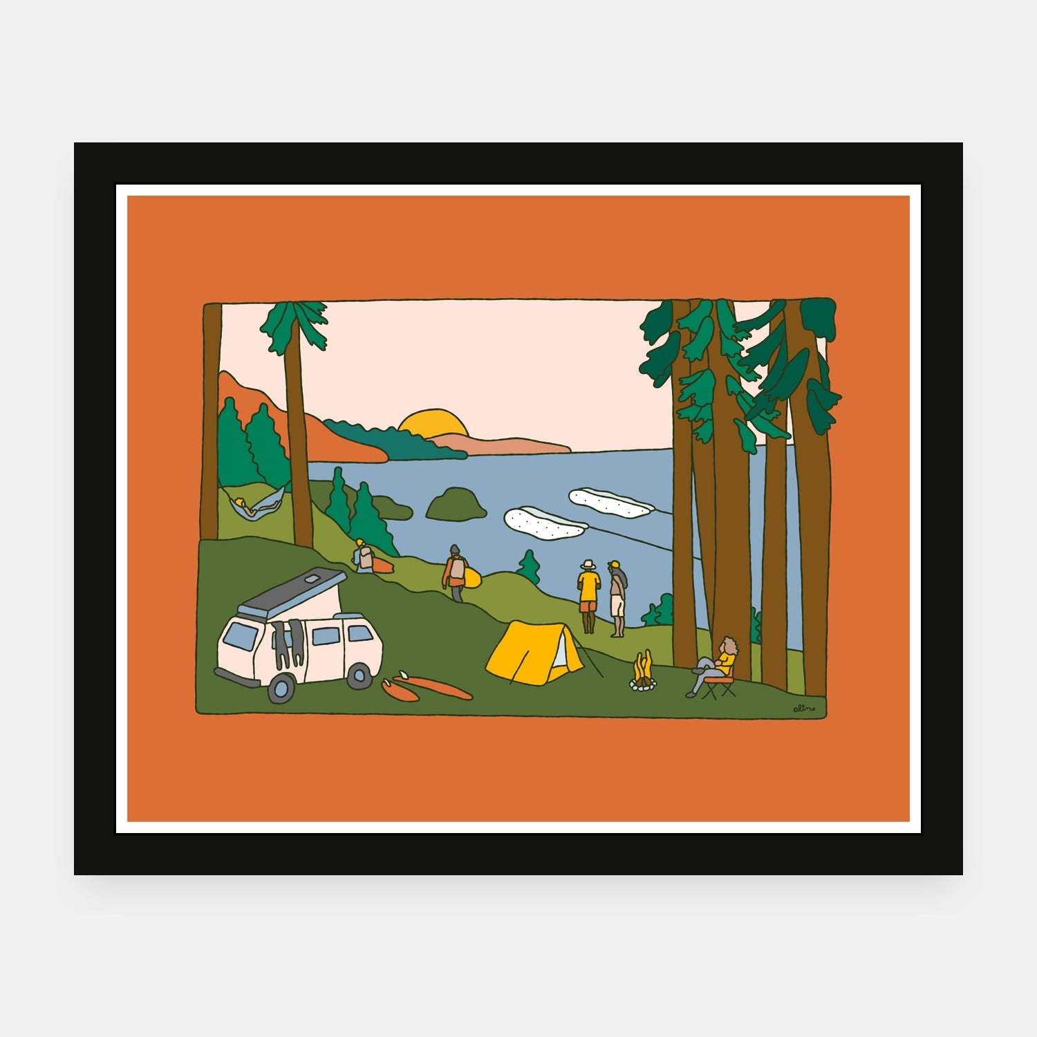 Camping Sessions art print by Alimo in black frame, tent camping scene