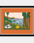 Camping Sessions art print by Alimo in black frame, tent camping scene