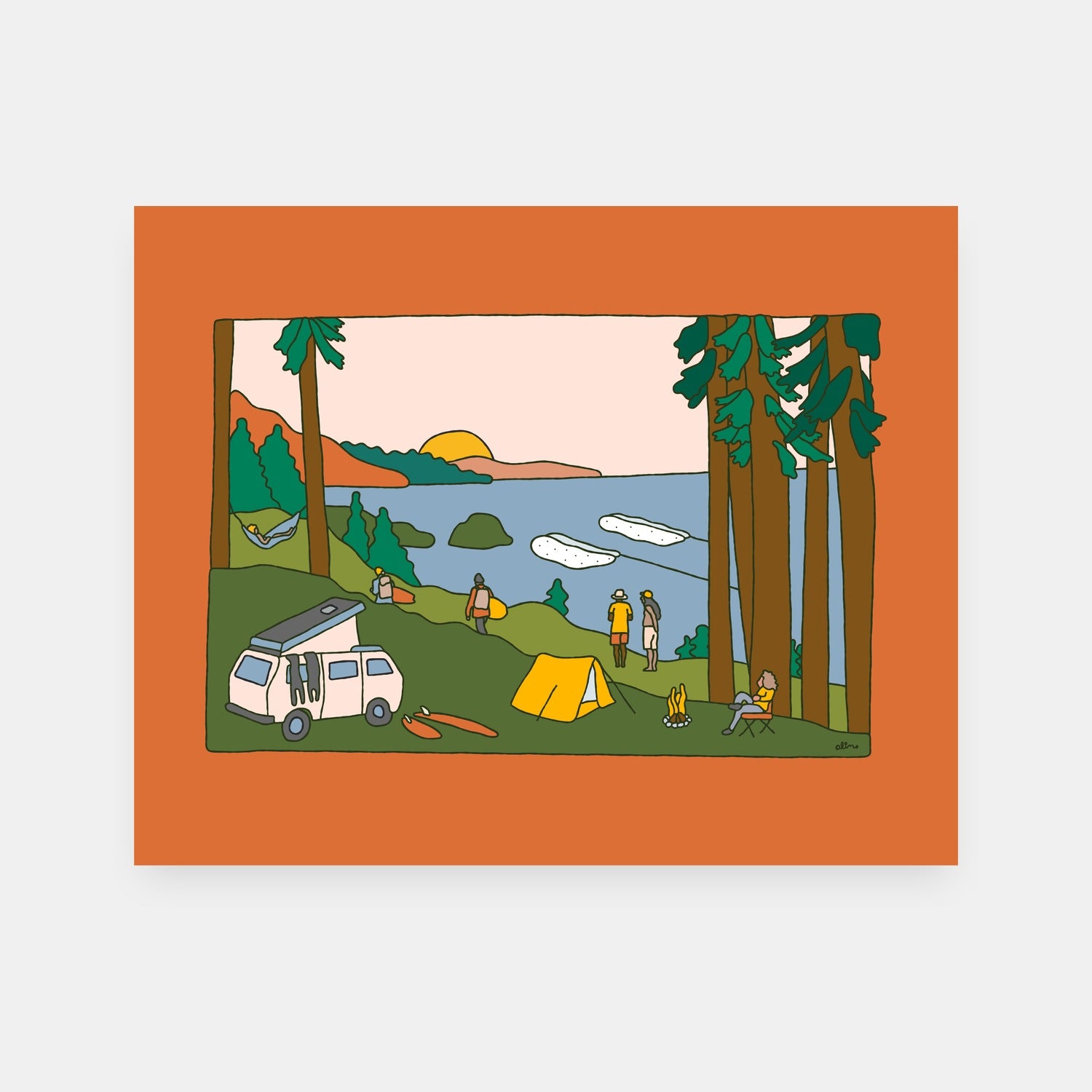 Camping Sessions outdoor art print by Alimo, colorful tent and camp scene
