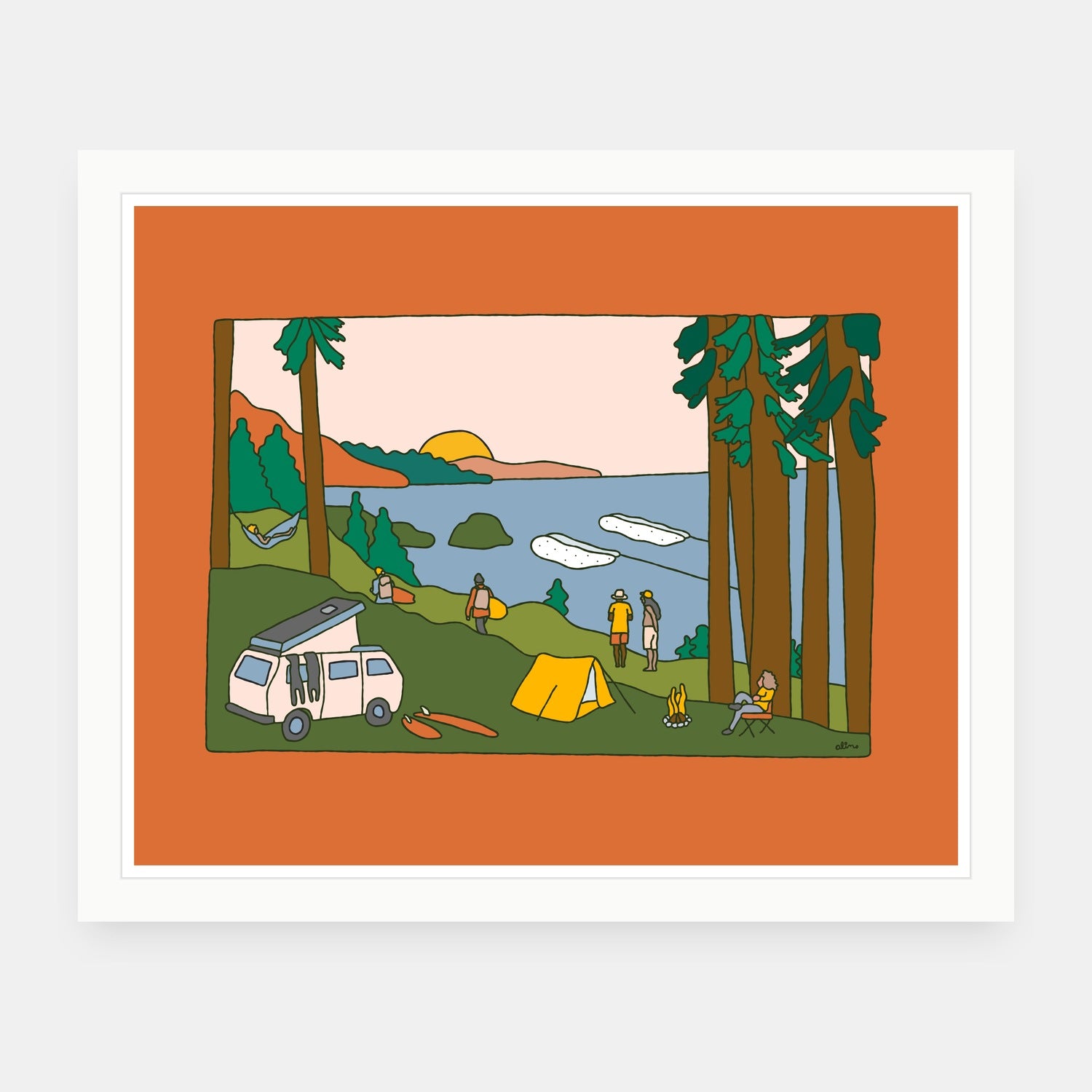 Camping Sessions art print by Alimo in white frame, camping adventure illustration