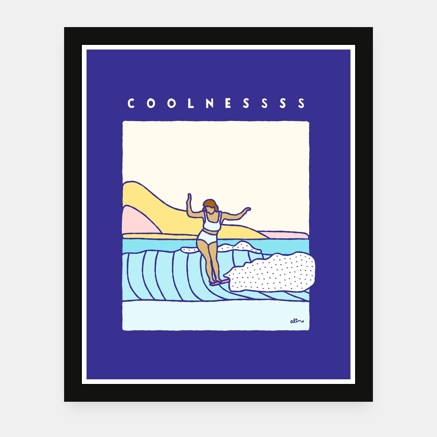 Coolnesssss art print by Alimo in black frame, stylish surf scene