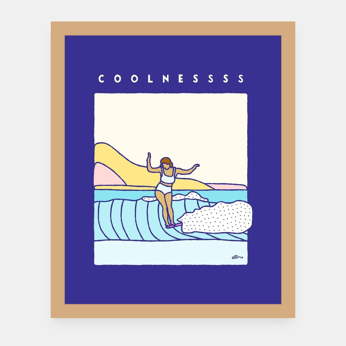 Coolnesssss Alimo art print in a natural wood frame