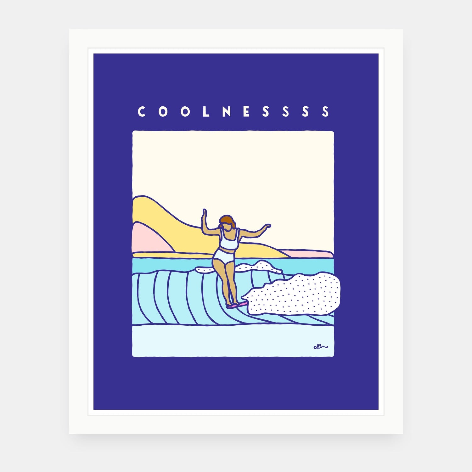 Coolnesssss art print by Alimo in white frame, effortless cool illustration