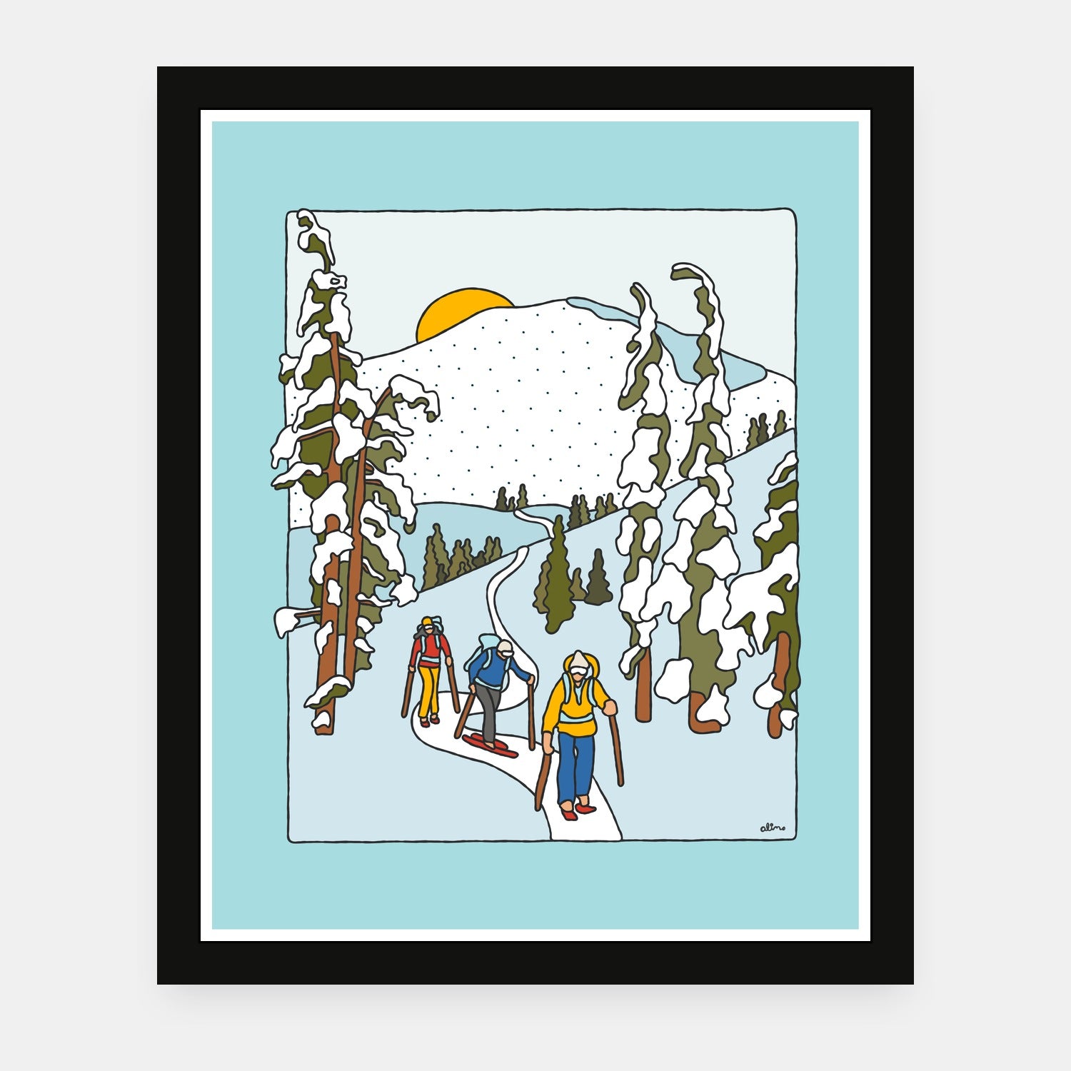 Earning Turns art print by Alimo in black frame, mountain backcountry scene