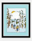 Earning Turns art print by Alimo in black frame, mountain backcountry scene