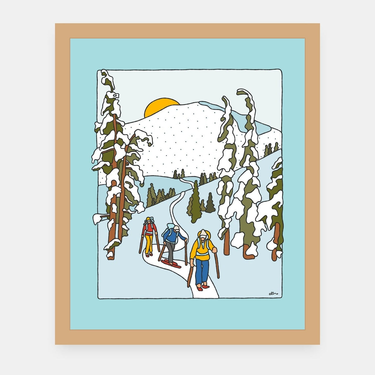 Earning Turns Alimo art print in a natural wood frame