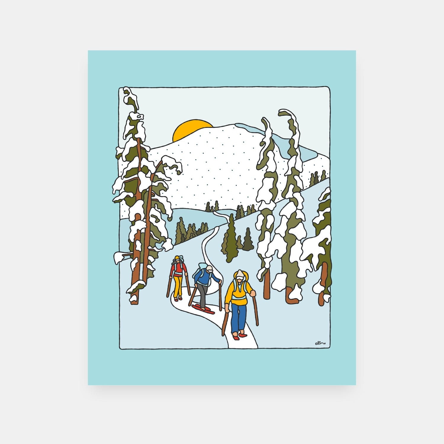 Earning Turns backcountry snowboard art print by Alimo, mountain hiking scene