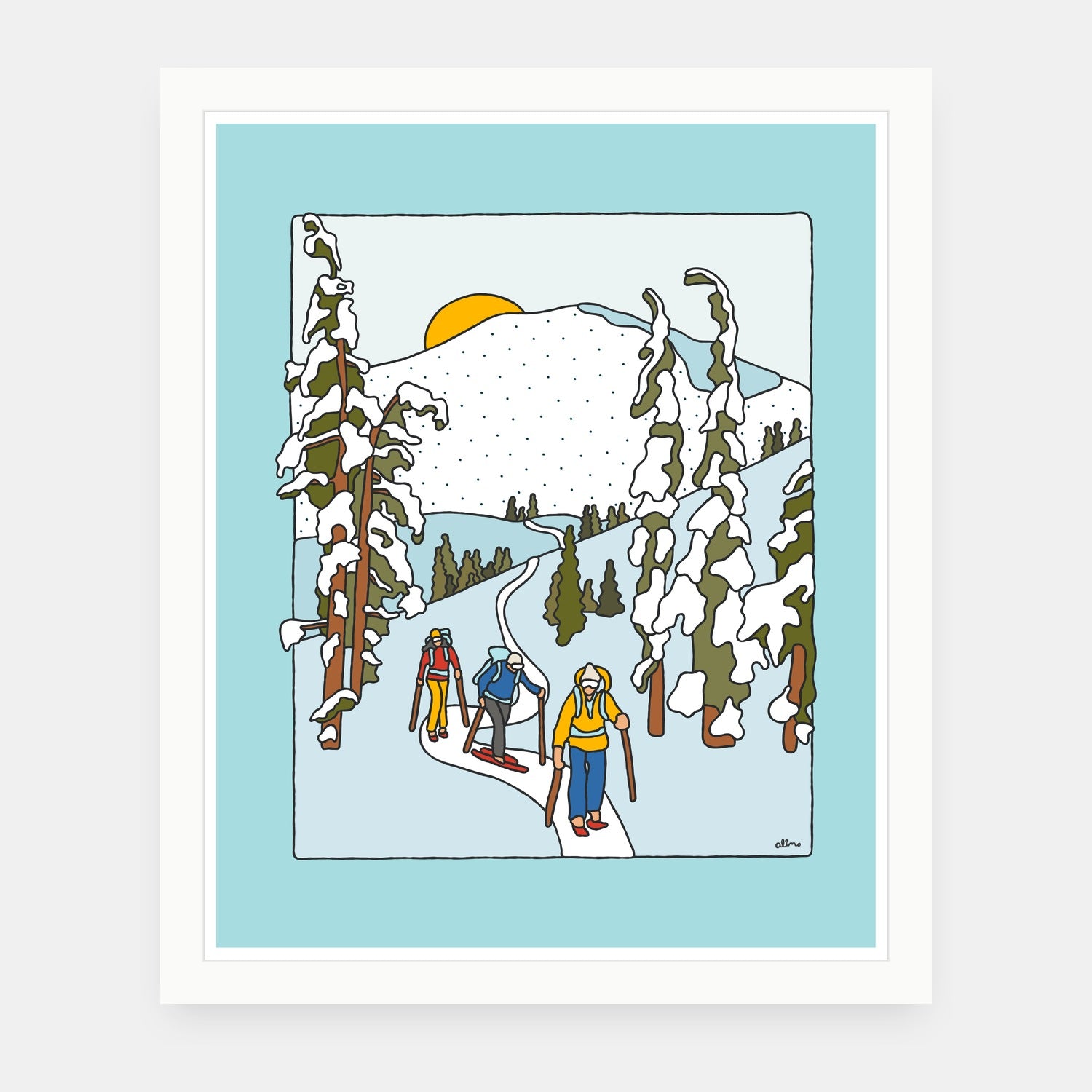 Earning Turns art print by Alimo in white frame, ski touring illustration
