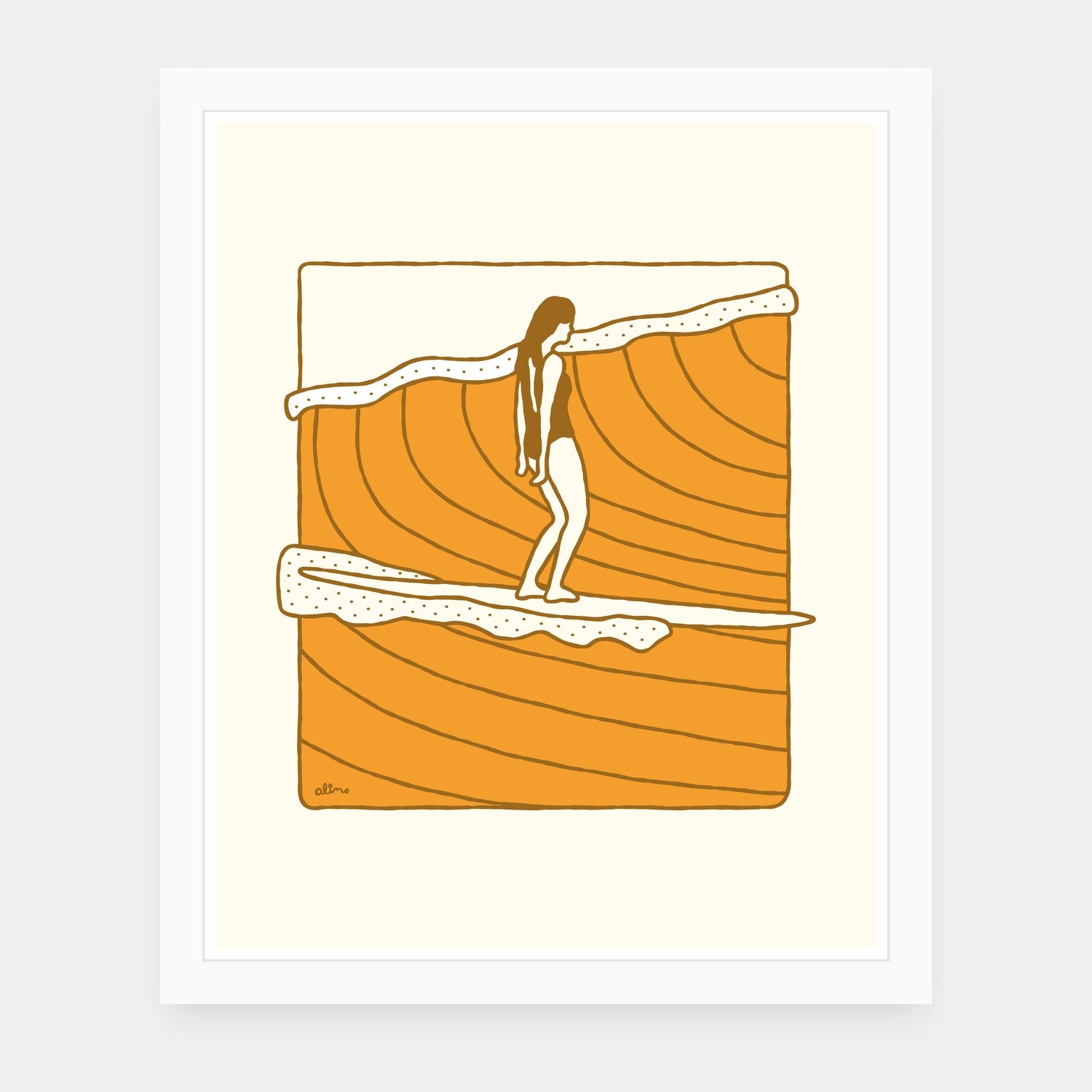 Feel The Rhythm art print by Alimo in white frame, surfing rhythm illustration