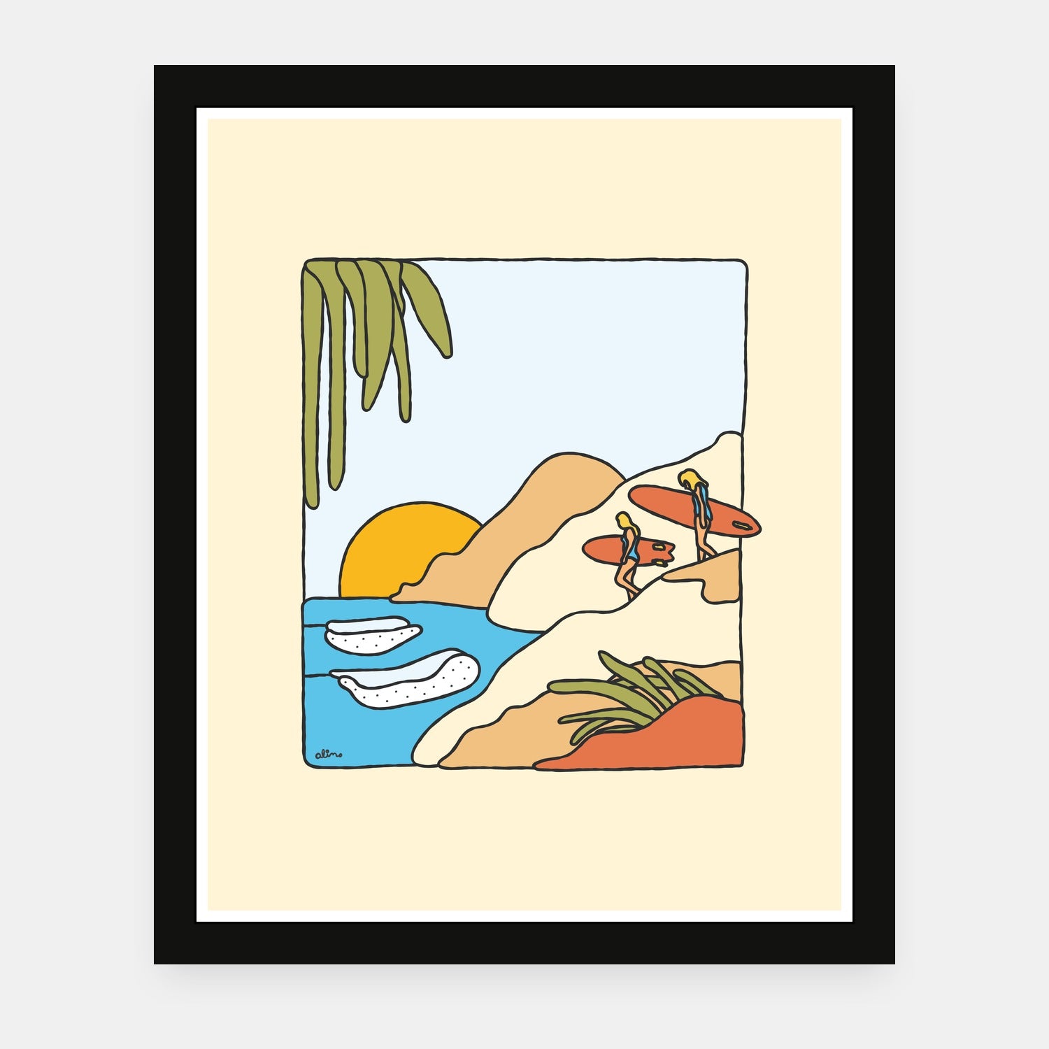 Flavor Country art print by Alimo in black frame, coastal surf scene