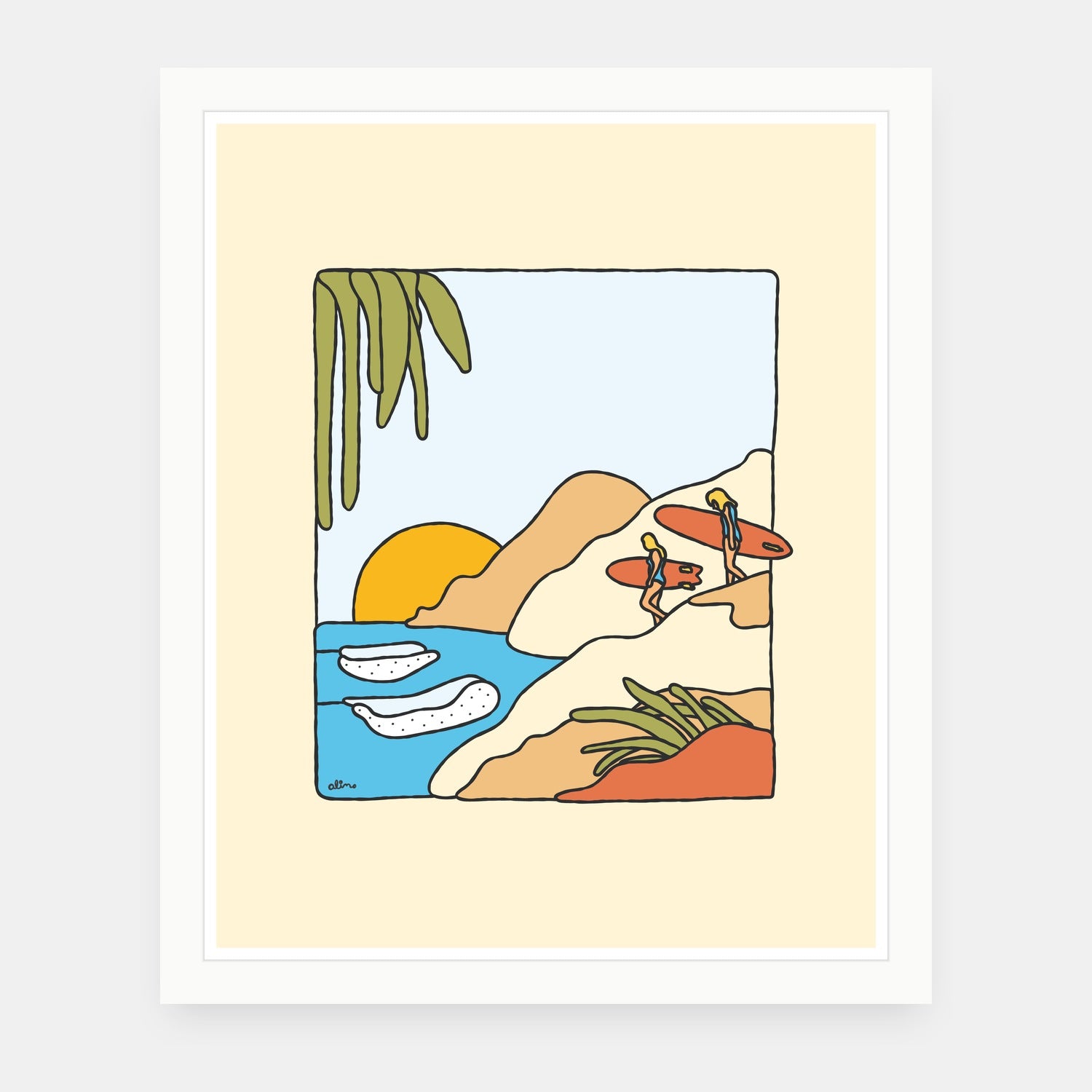 Flavor Country art print by Alimo in white frame, surf lifestyle illustration