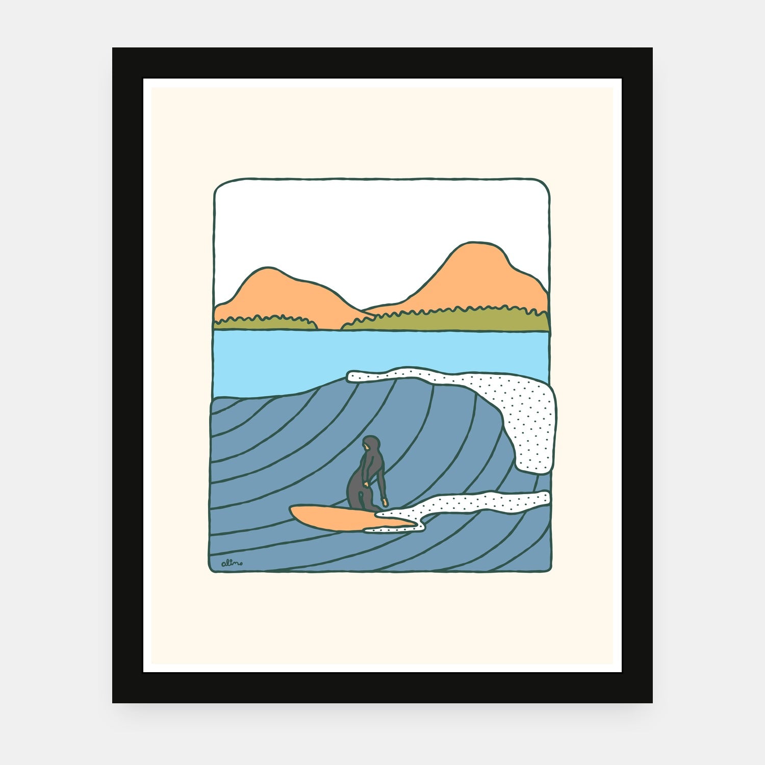 Flintstones Era art print by Alimo in black frame, fun prehistoric surf