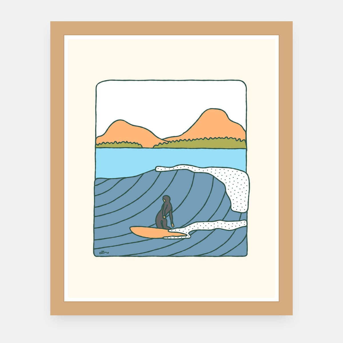 Flintstones Era Alimo art print in a natural wood frame