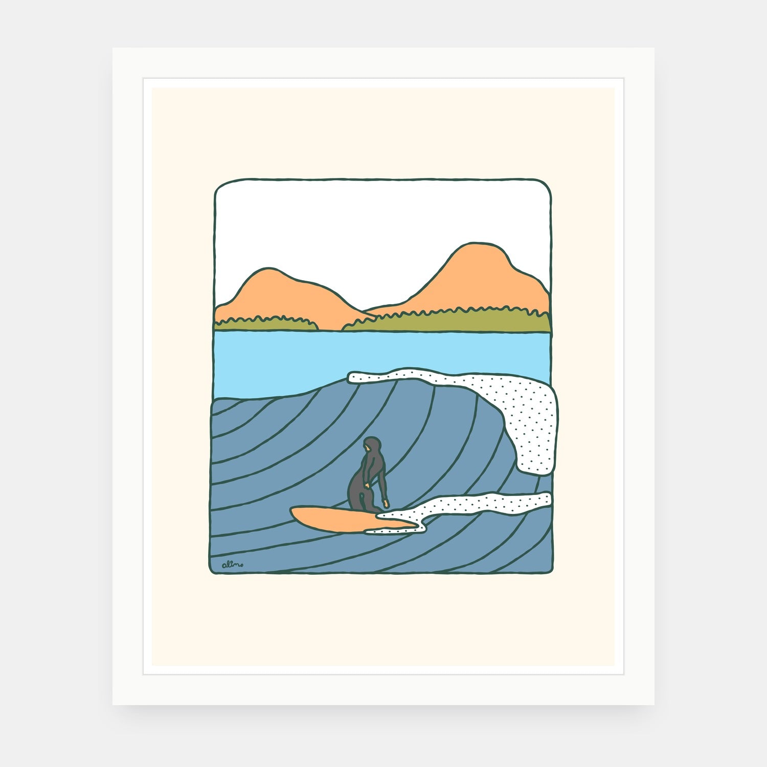 Flintstones Era art print by Alimo in white frame, playful surf illustration
