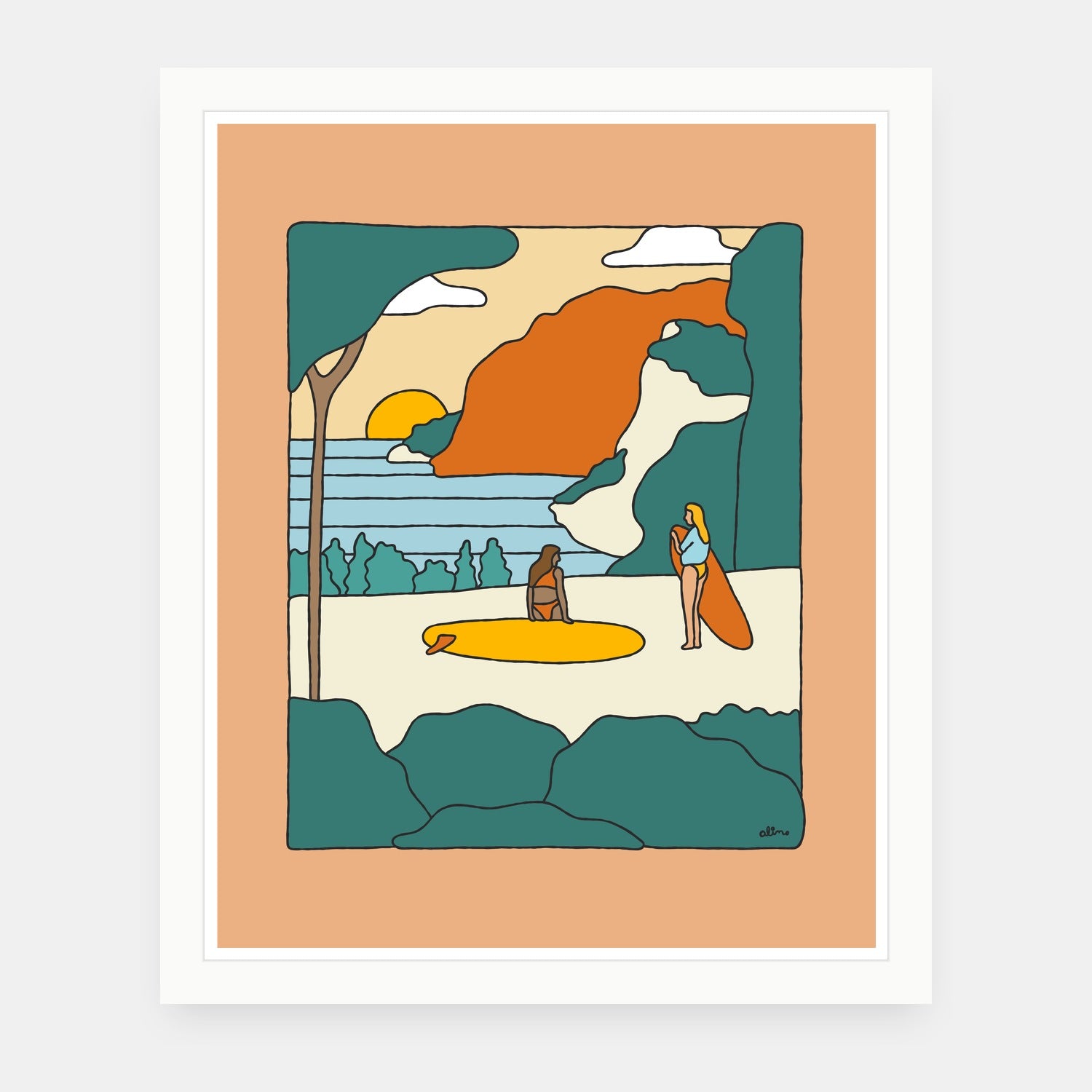 Good Life art print by Alimo in white frame, simple living illustration