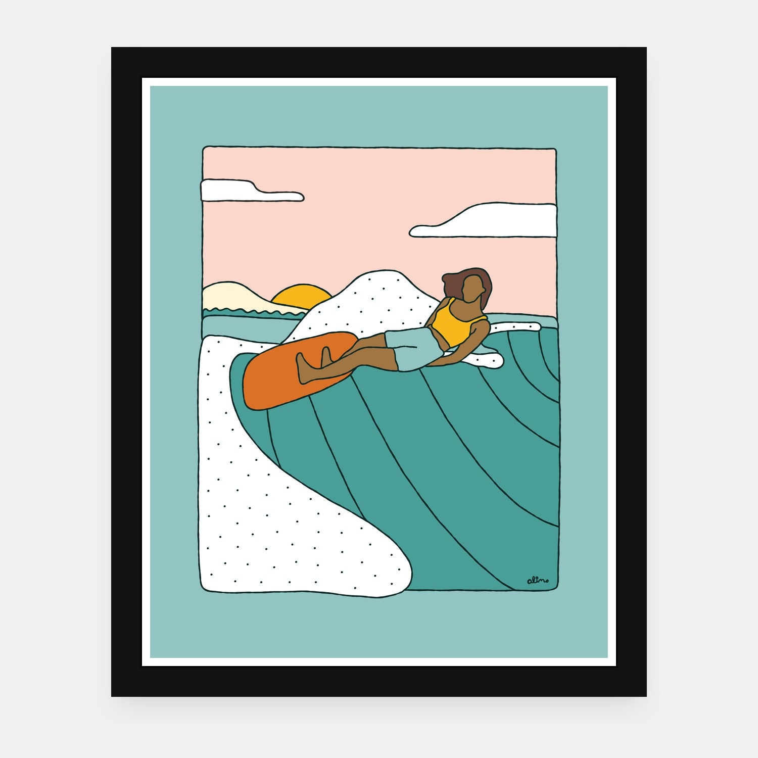 Lazy Mondays art print by Alimo in black frame, coastal relaxation scene