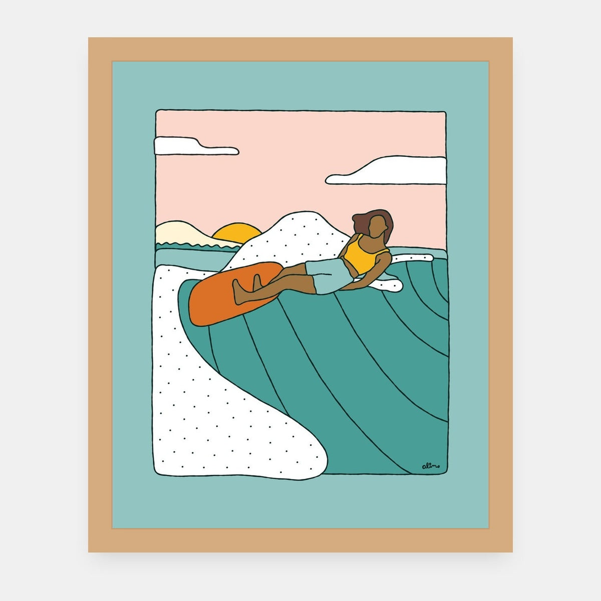 Lazy Monday's Alimo art print in a natural wood frame