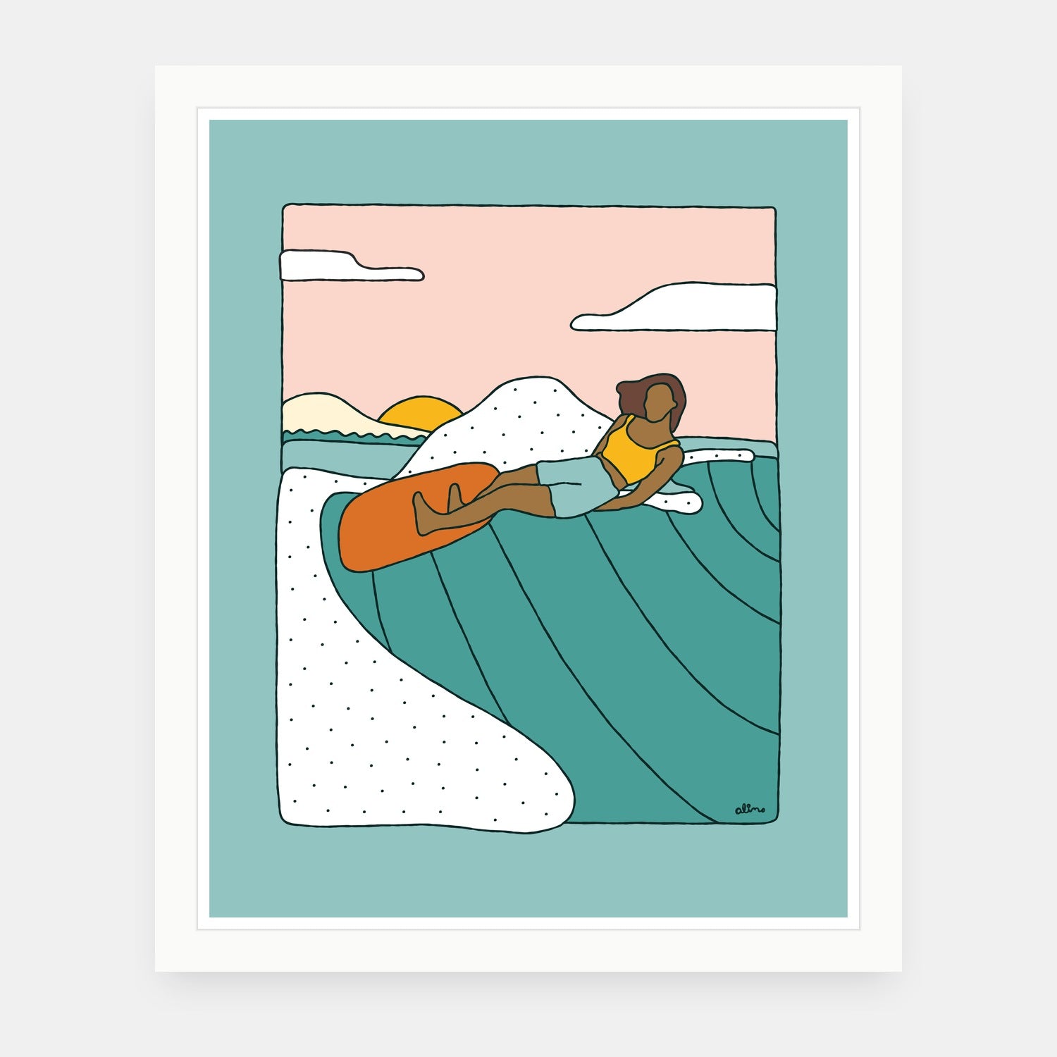 Lazy Mondays art print by Alimo in white frame, beach day illustration