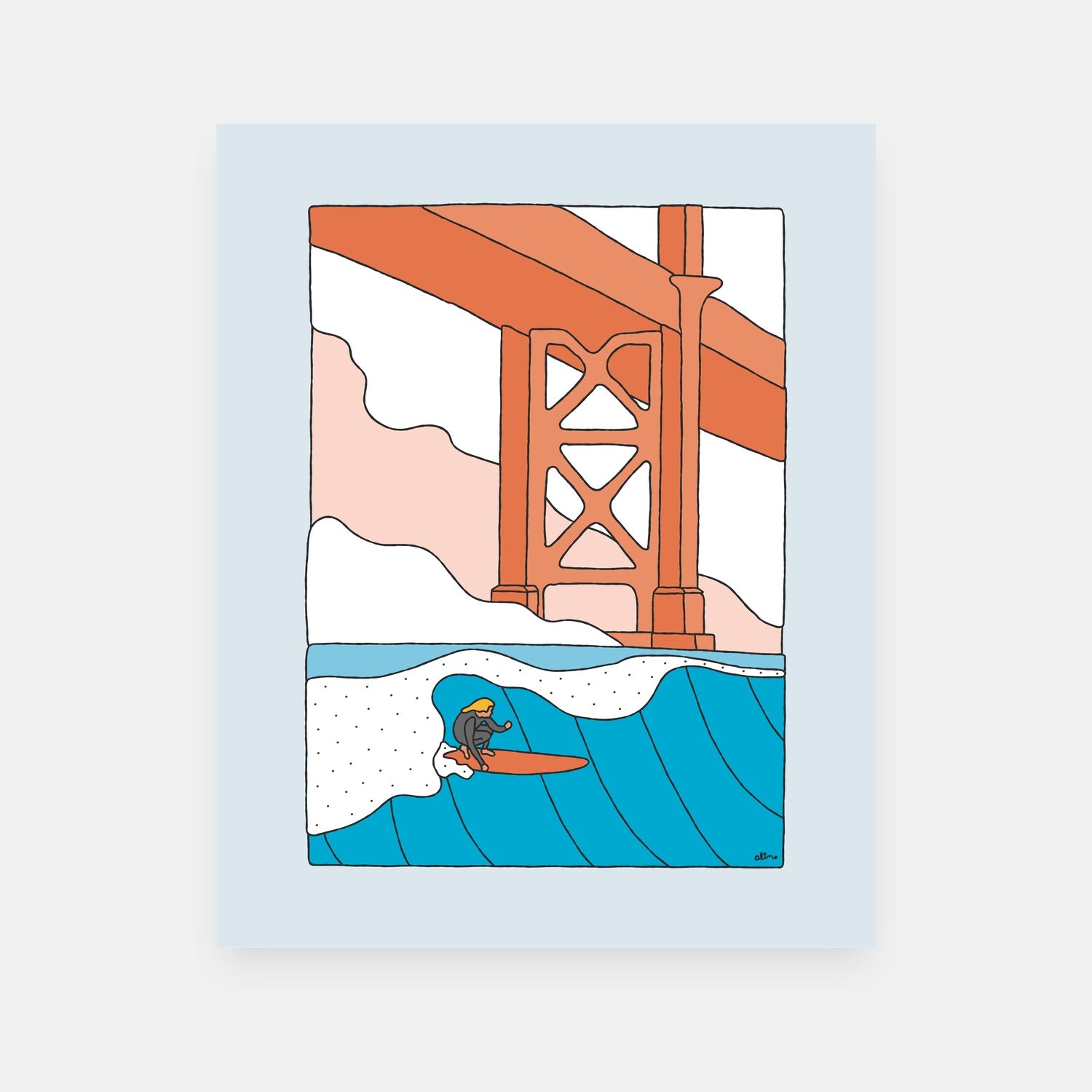 Novelty Factor San Francisco surf art print by Alimo, Golden Gate Bridge and ocean scene