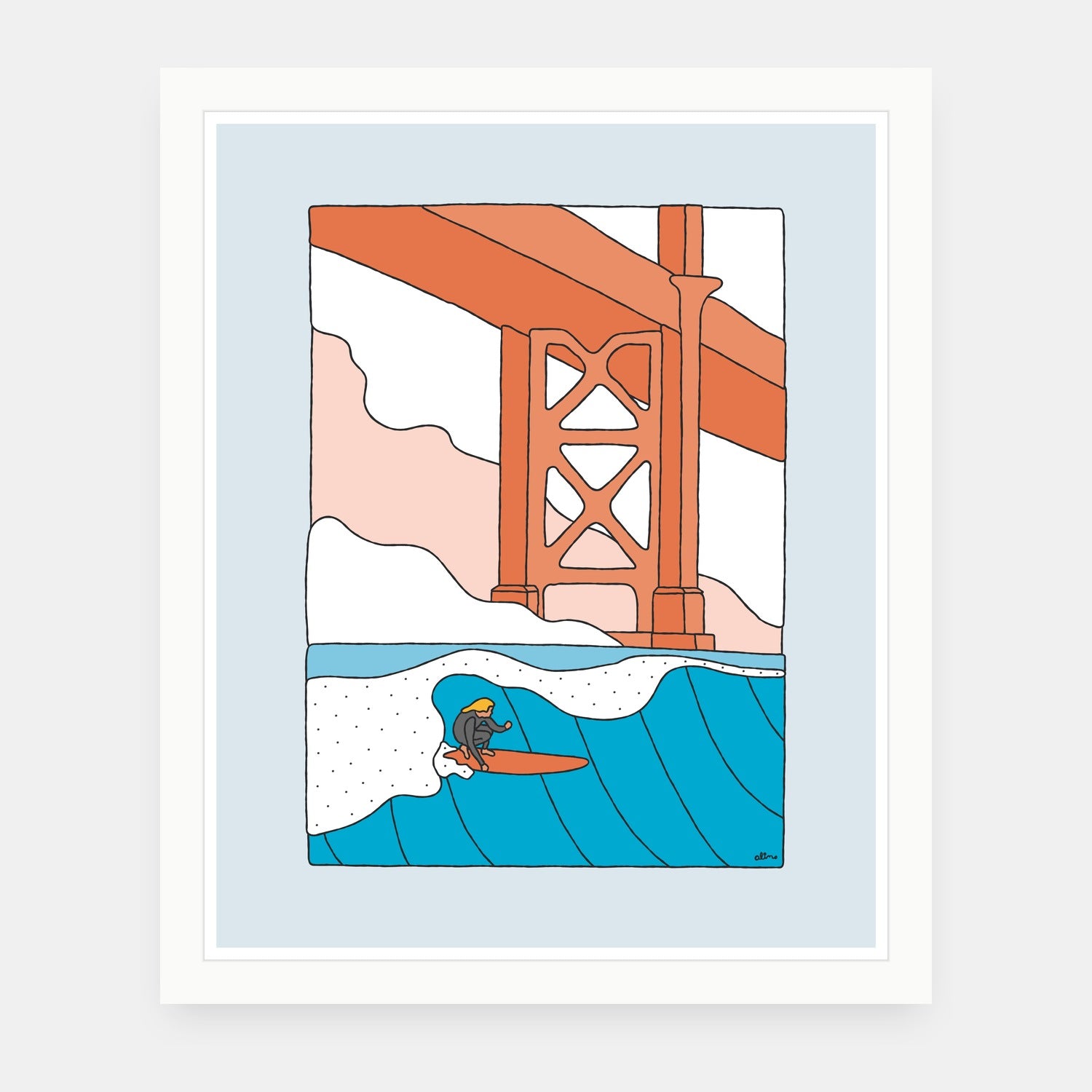 Novelty Factor art print by Alimo in white frame, SF surf illustration